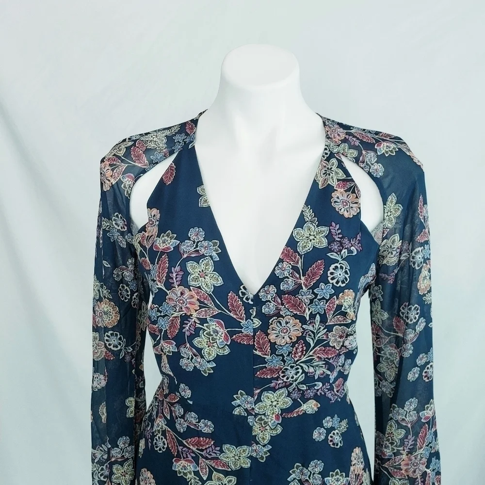 Line + Dot Floral Romper w/Sheer Long Sleeves Blue Multi - Picture 3 of 12